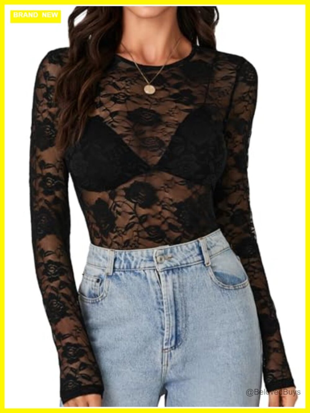 Women's Floral Lace Sheer Mesh Long Sleeve Blouse